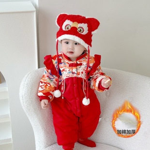 婴儿加厚连体衣冬季 女宝宝拜年服周岁百天抓周衣服新生儿红色哈衣
