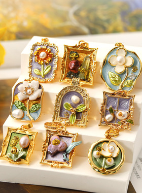 莫奈花园油画风手绘花朵吊坠时尚