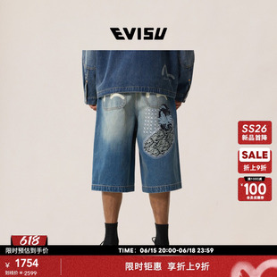 【限时折上折】EVISU福神26年夏新品男刺子绣拼布七分裤牛仔短裤