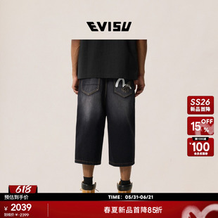 EVISU福神2026年夏季新品男士纯棉海鸥印花七分裤牛仔舒适短裤
