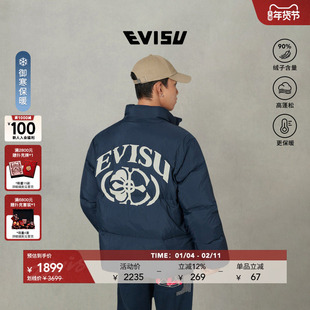 EVISU福神2025冬季男女同款经典商标立领印花羽绒服夹克外套