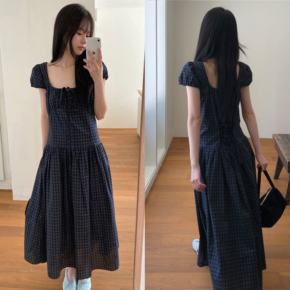 韩国chic 复古少女 法式方领深蓝绿格纹后绑带泡泡袖连衣裙