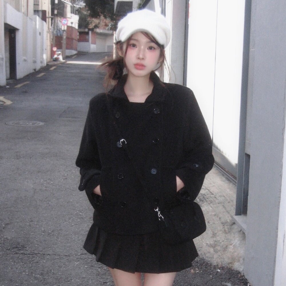 韩国复古学院风日系少女翻领双排扣夹棉短款羊毛呢外套大衣