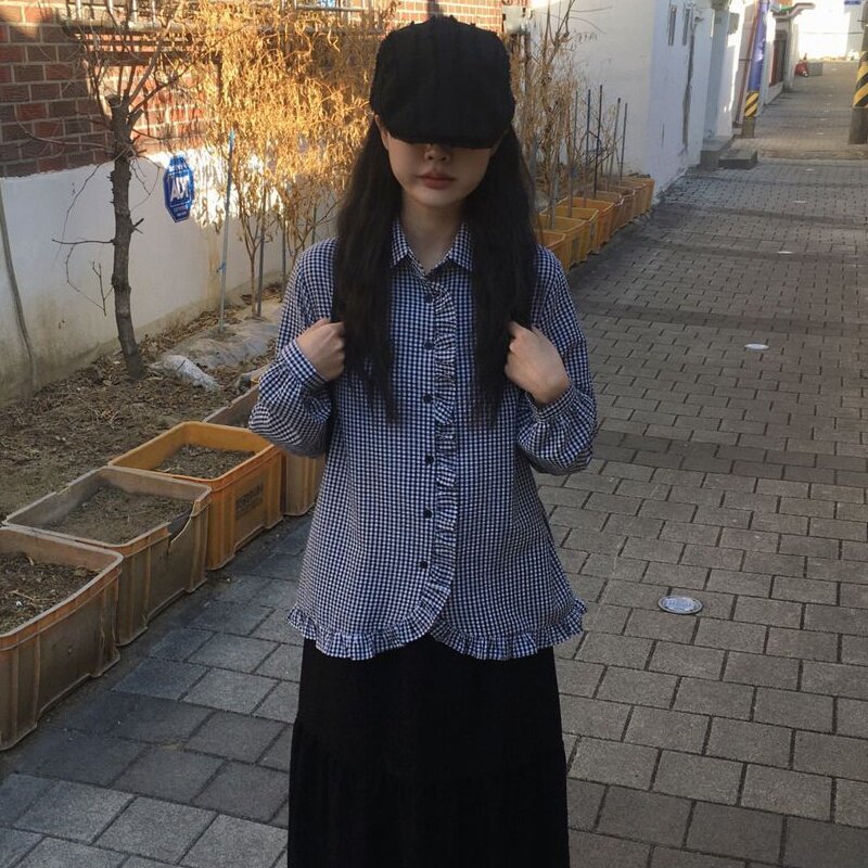 韩国学院风文艺复古日系格子木耳荷叶花边娃娃领长袖衬衫