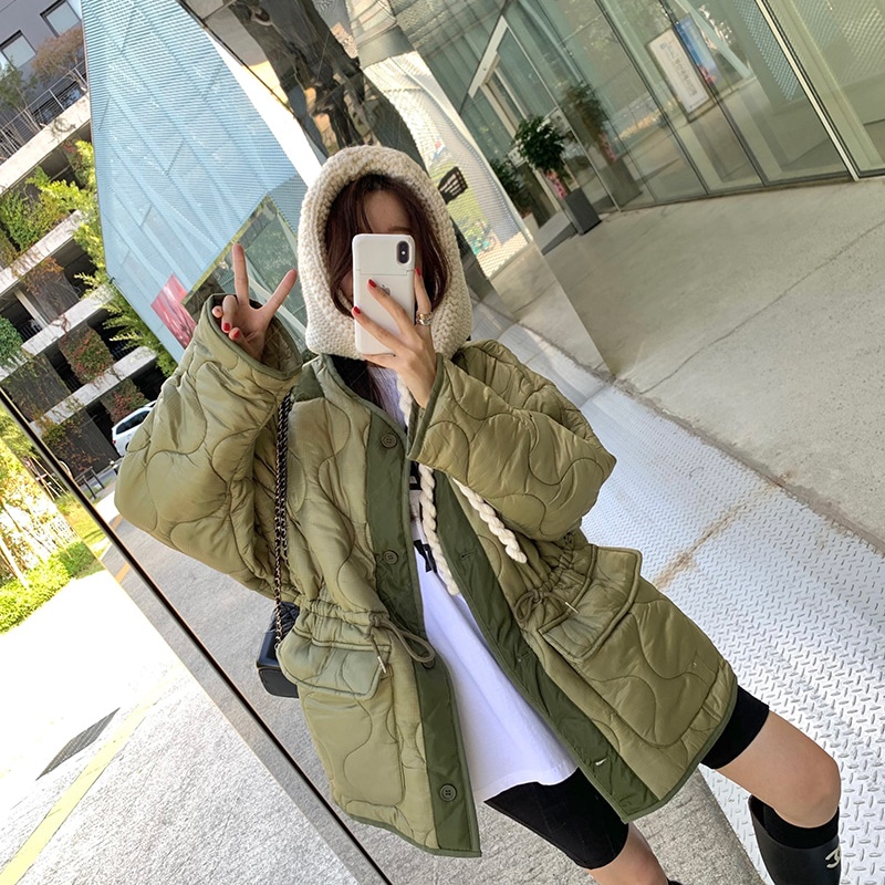 韩国东大门秋冬小众休闲抽绳水波纹大口袋宽松棉衣棉服外套