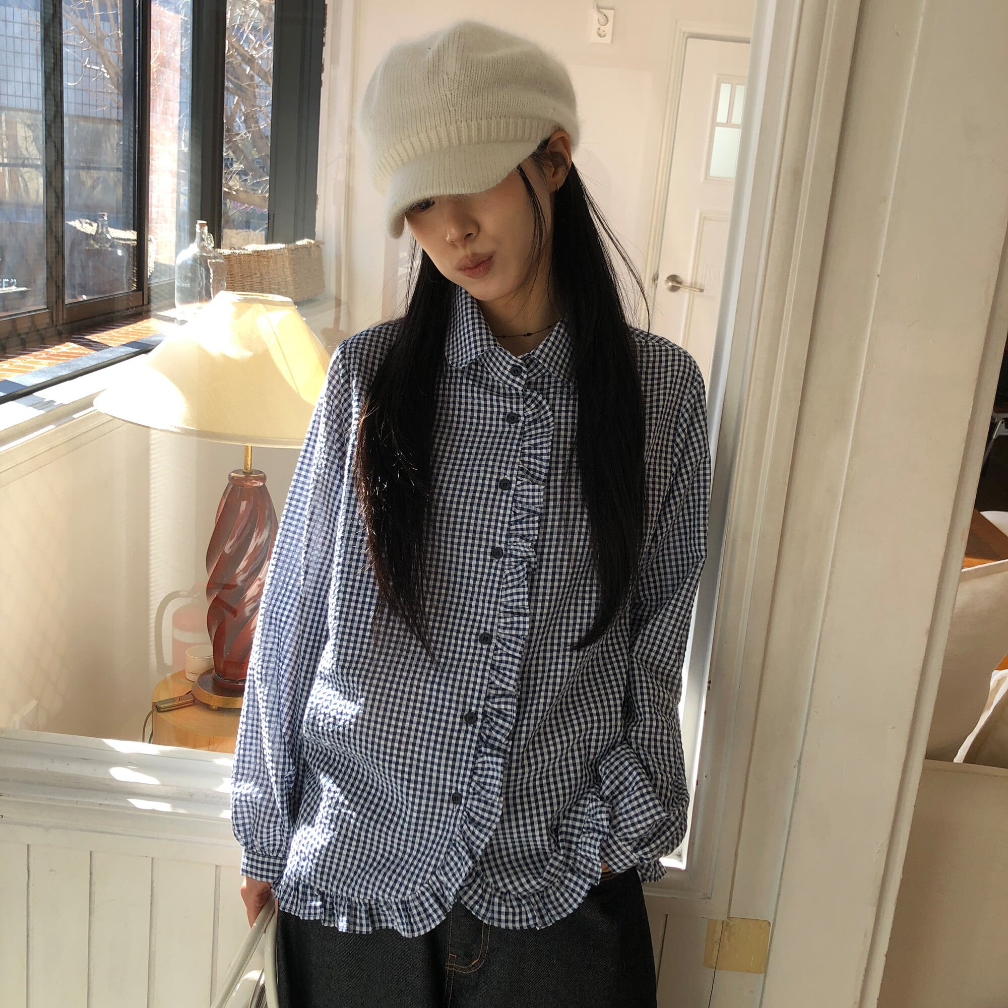 韩国ins复古气质甜美日系格子木耳荷叶边娃娃领长袖衬衫女