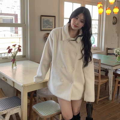 韩国chic法式气质氛围感翻领双排扣白色毛呢外套小个子大衣