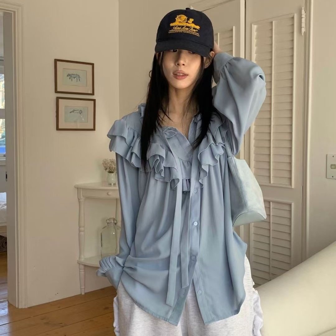 韩国东大门春季复古温柔风宽松百搭荷叶边单排扣长袖衬衫女,女装/女士精品,衬衫,淘宝优惠券,粉丝福利购,淘宝优惠卷