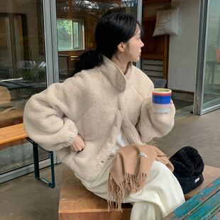 韩国chic复古休闲慵懒风保暖立领单排扣小个子羊羔毛外套女