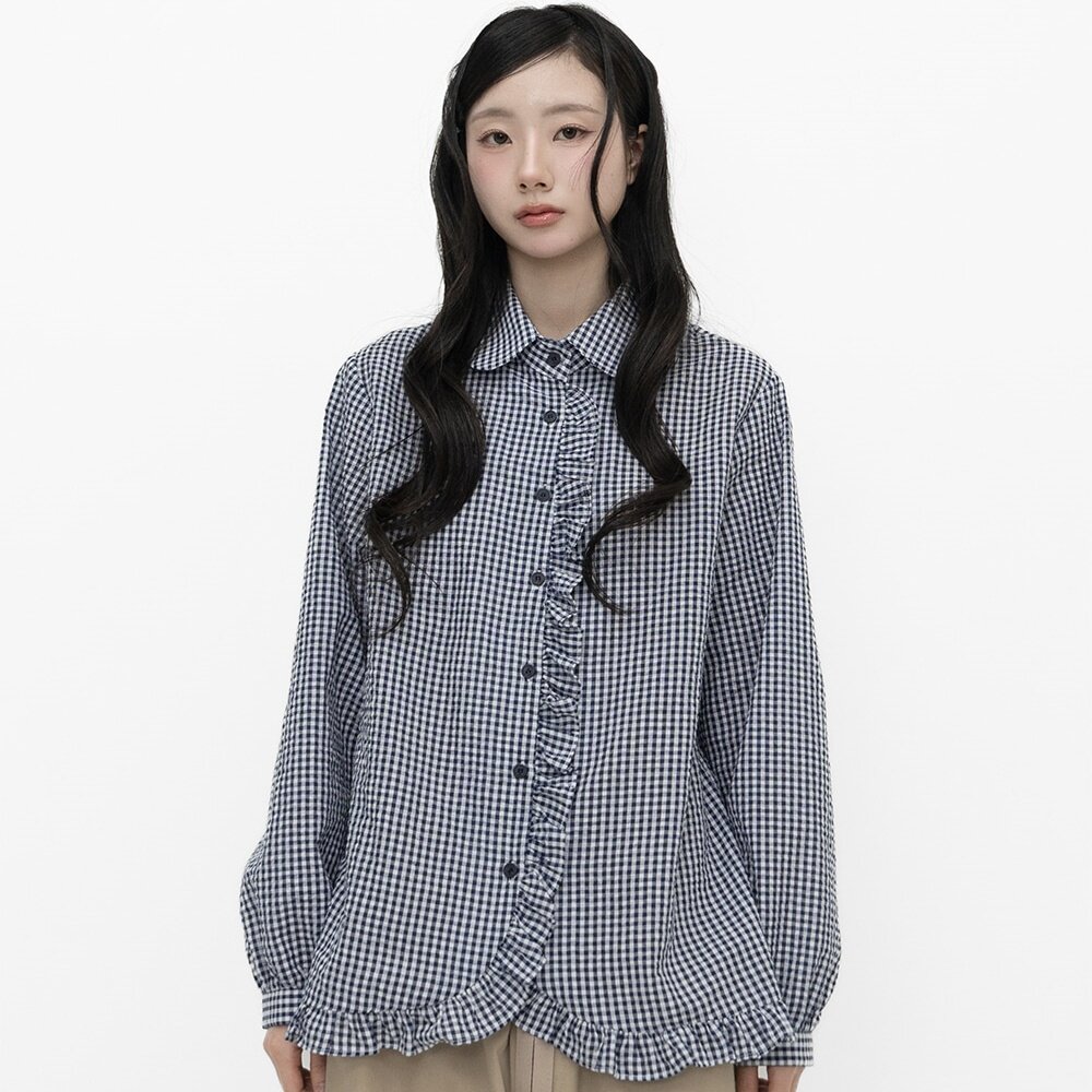 韩国日系休闲气质文艺木耳荷叶边娃娃领复古格子长袖衬衫