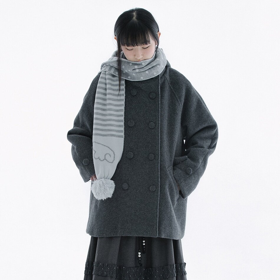 韩国小众设计师款复古日系连帽羊毛大衣毛呢双排扣外套冬