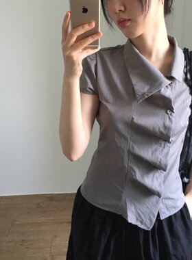 韩系甜美时尚减龄百搭不对称翻领系扣波浪褶短袖衬衫上衣女