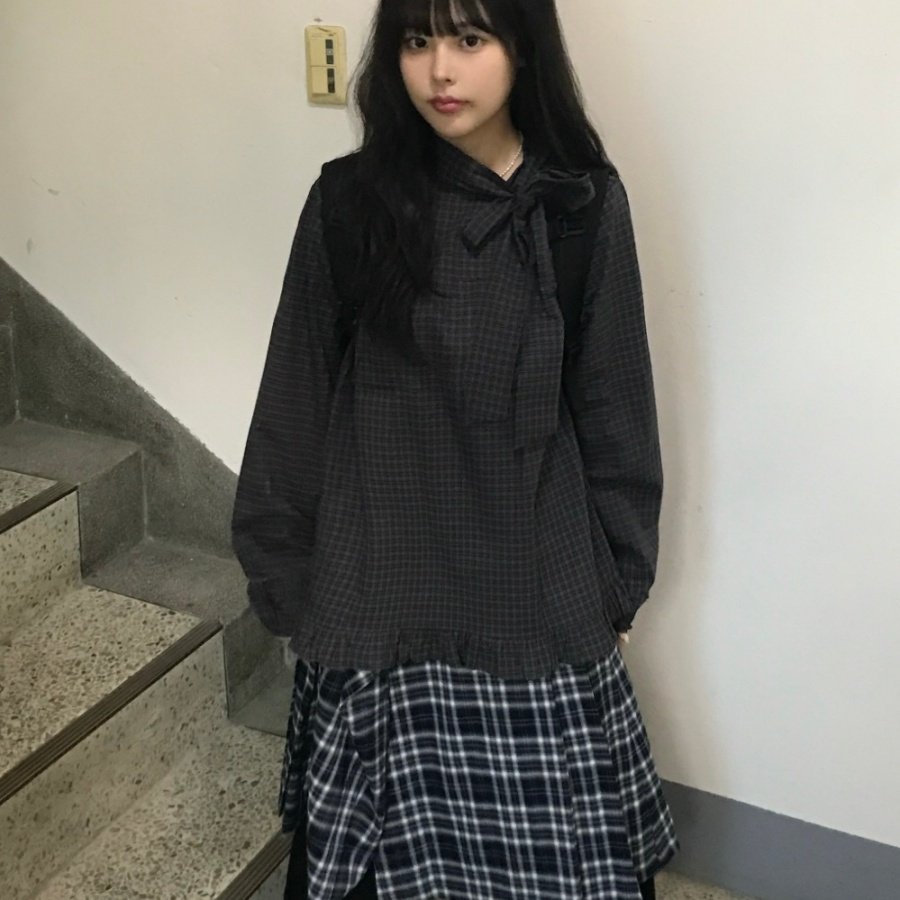 韩国甜美日系复古格纹蝴蝶结系带娃娃领荷叶边长袖衬衫女,女装/女士精品,衬衫,淘宝优惠券,粉丝福利购,淘宝优惠卷