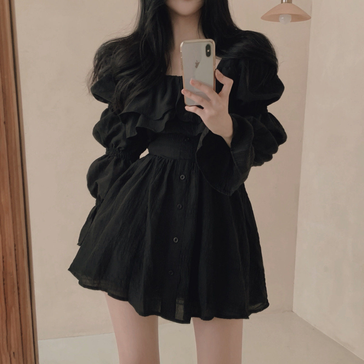 韩国chic法式方领荷叶边喇叭袖小众设计感小个子连衣裙女