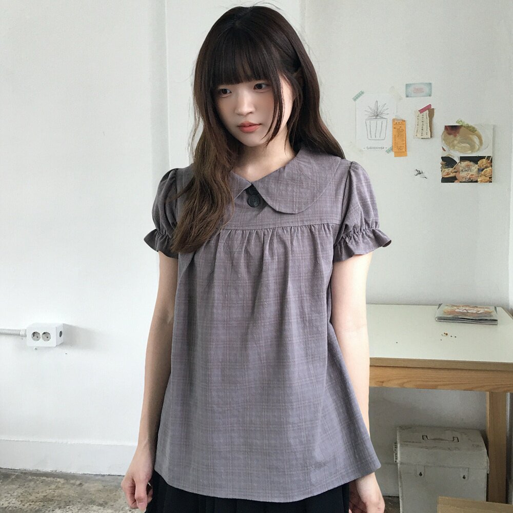 韩国ins少女感复古日系格纹娃娃领荷叶边泡泡短袖衬衫上衣