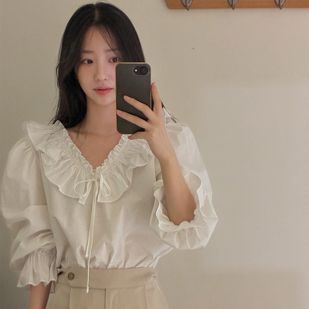 韩国东大门法式气质前后V领系带荷叶边喇叭袖宽松衬衫上衣女