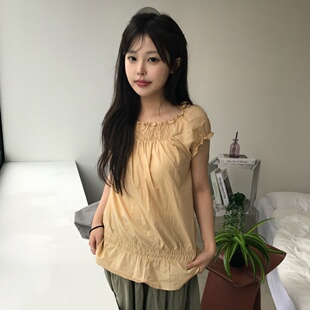 韩版甜美减龄少女风复古日系打揽褶皱松紧领泡泡袖衬衫上衣
