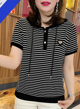 2024夏新款条纹连帽短袖t恤小衫女洋气宽松妈妈时尚百搭休闲上衣