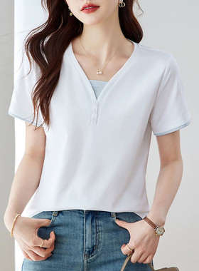夏季新款纯色Polo领短袖t恤时尚减龄气质妈妈装宽松遮肉百搭上衣