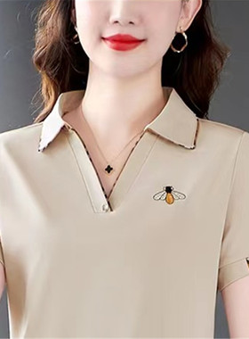 翻领t恤女短袖纯色新款运动薄款夏季宽松大码带领中年女士polo衫