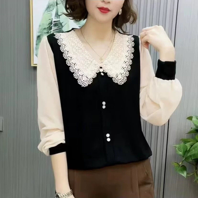 妈妈装花边娃娃领拼色打底衫时尚女装秋季长袖t恤减龄百搭女上衣