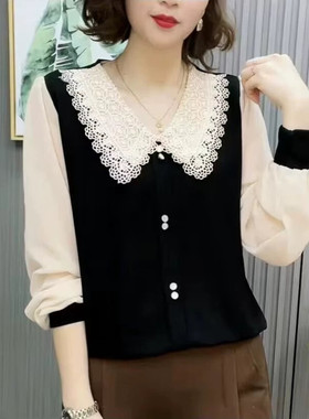 妈妈装花边娃娃领拼色打底衫时尚女装秋季长袖t恤减龄百搭女上衣