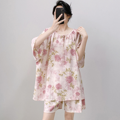 年轻人棉绸睡衣女士夏季短袖短裤