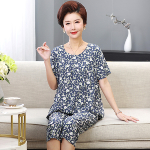 夏天中老年妈妈款夏装棉绸睡衣女款夏季老年人女士奶奶人造棉套装