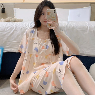 短袖 夏天棉绸睡衣女款 套装 2025新款 绵绸人造棉夏款 中裤 夏季 五分裤