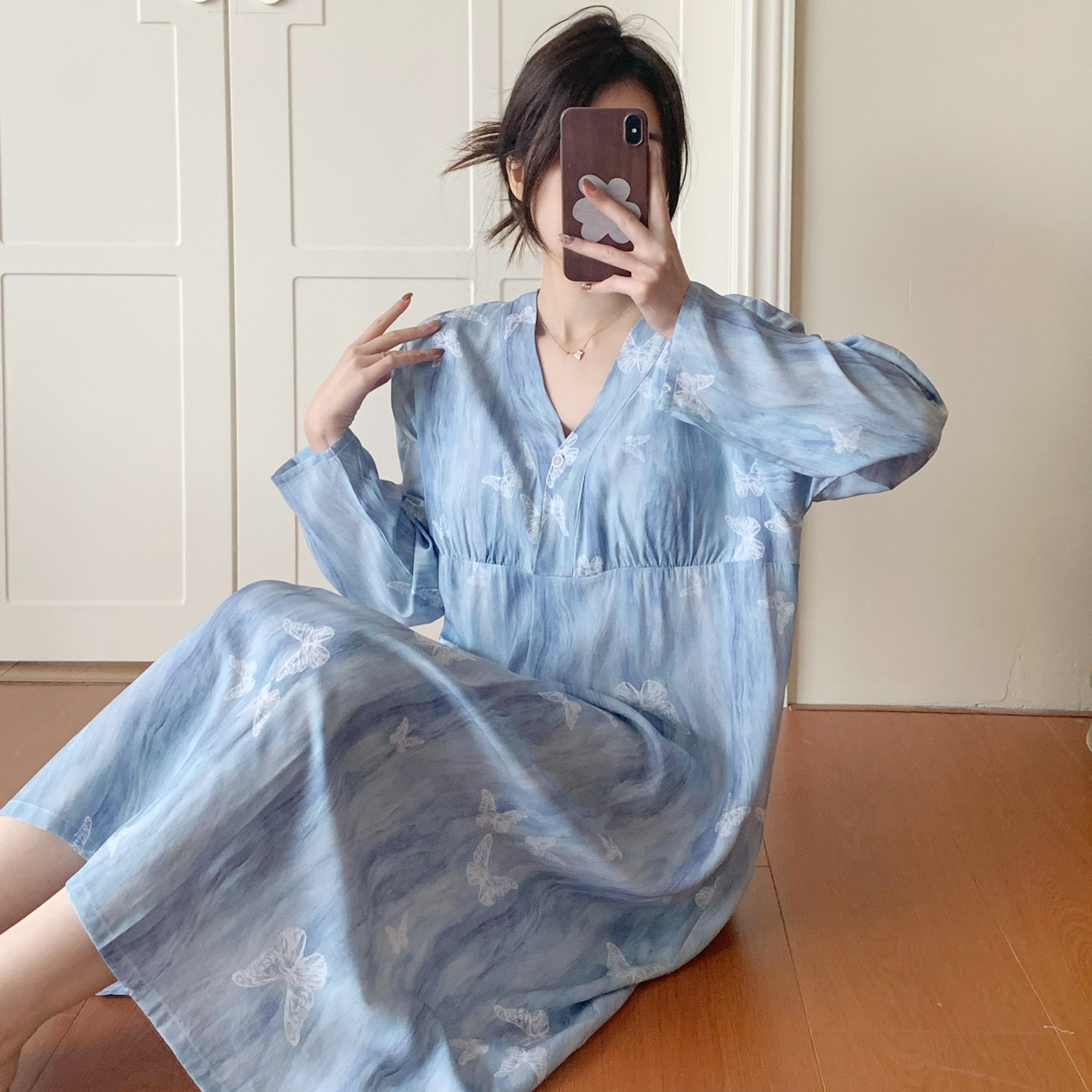 带胸垫棉绸睡裙女款长袖春季夏季薄款和服绵绸人造棉睡衣2026新款图片