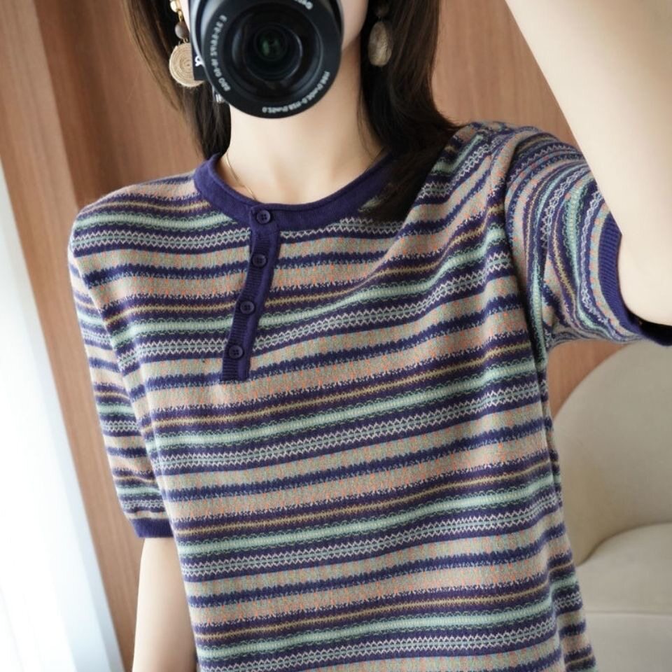羊毛针织短袖女宽松大码圆领t恤条纹套头斜扣背心高品质半袖上衣