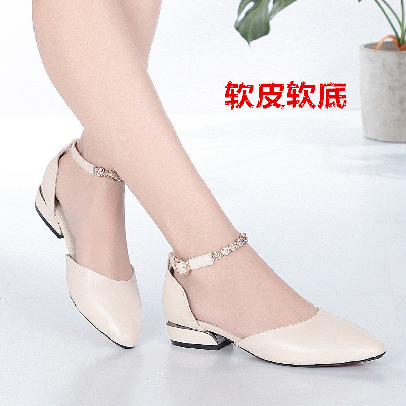 意尔康真皮单鞋女鞋夏季低跟工作鞋百搭平底一字扣带包头凉鞋时尚