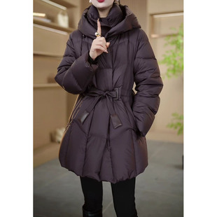 时尚系带中款羽绒服女2025冬季新款纯色气质显瘦加厚保暖鸭绒外套