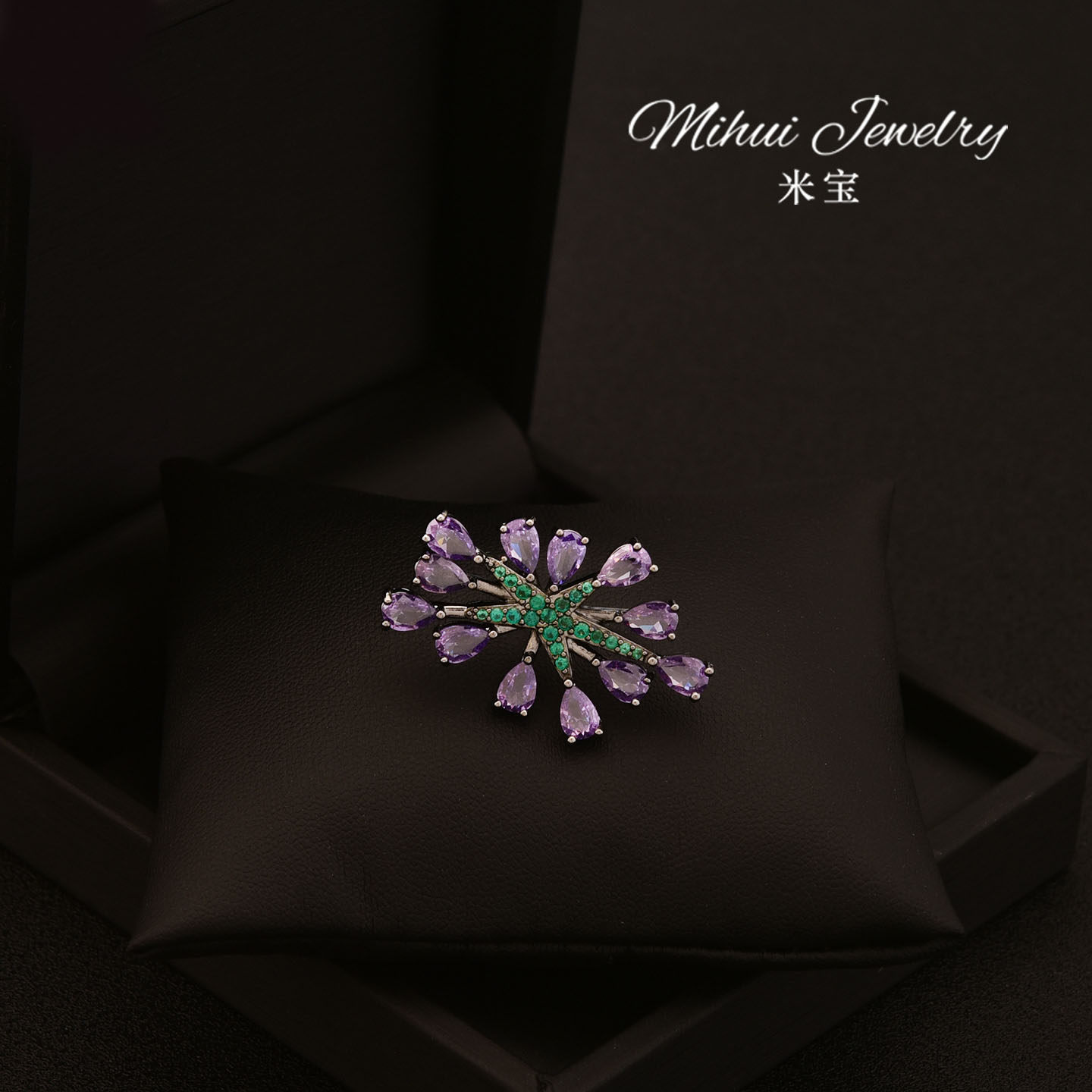 米宝定制设计师款紫色水晶雪花高档胸针女日韩气质西装领口配饰