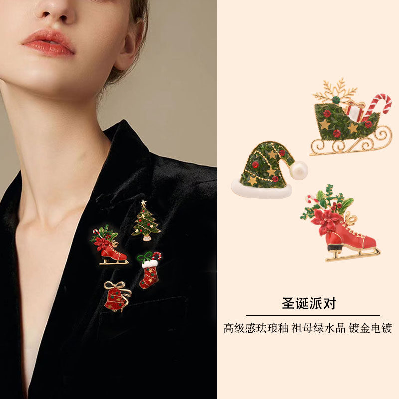 圣诞节礼物圣诞树胸针配饰高档闪耀雪橇水晶别针复古麋鹿胸花饰品