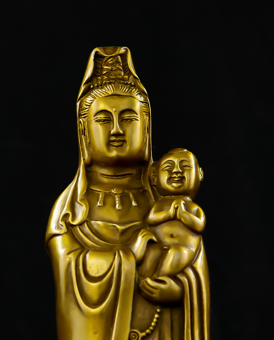 纯铜送子观音菩萨佛像求子可供奉客厅书房祠堂店铺柜台桌面铜像