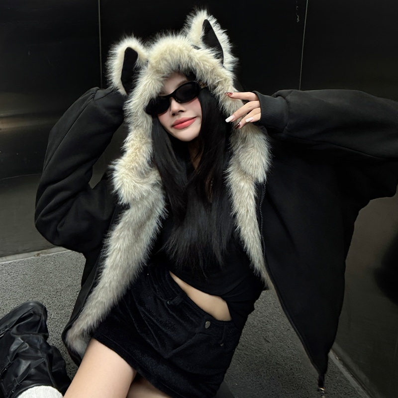 座山雕猫耳朵仿水貂绒外套女2025冬季加厚环保毛绒绒麂皮棉衣棉服
