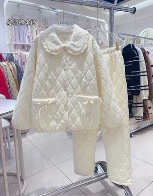 2025新款轻羽绒小香风睡衣女冬季三层夹棉加绒加厚保暖女士家居服