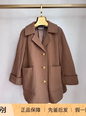 99新 GUCCI 古驰 女士羊毛大衣 双G浮雕金色纽扣装饰毛呢外套翻领