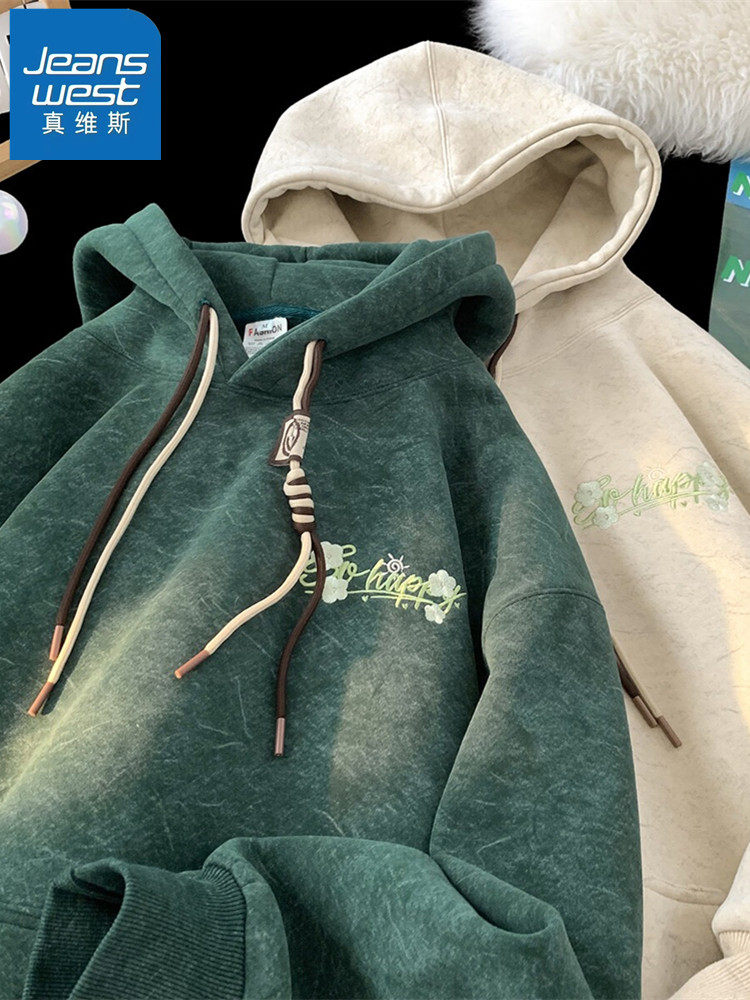 Jeanswest Fleece Lined Hoodie for Men 2025 Fall American Style Youth Loose Casual Embroidered Heavyweight Jacket