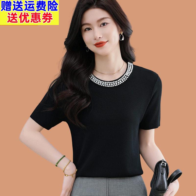 钉珠冰丝针织短袖t恤女2025新款洋气妈妈夏装宽松真丝桑蚕丝上衣T