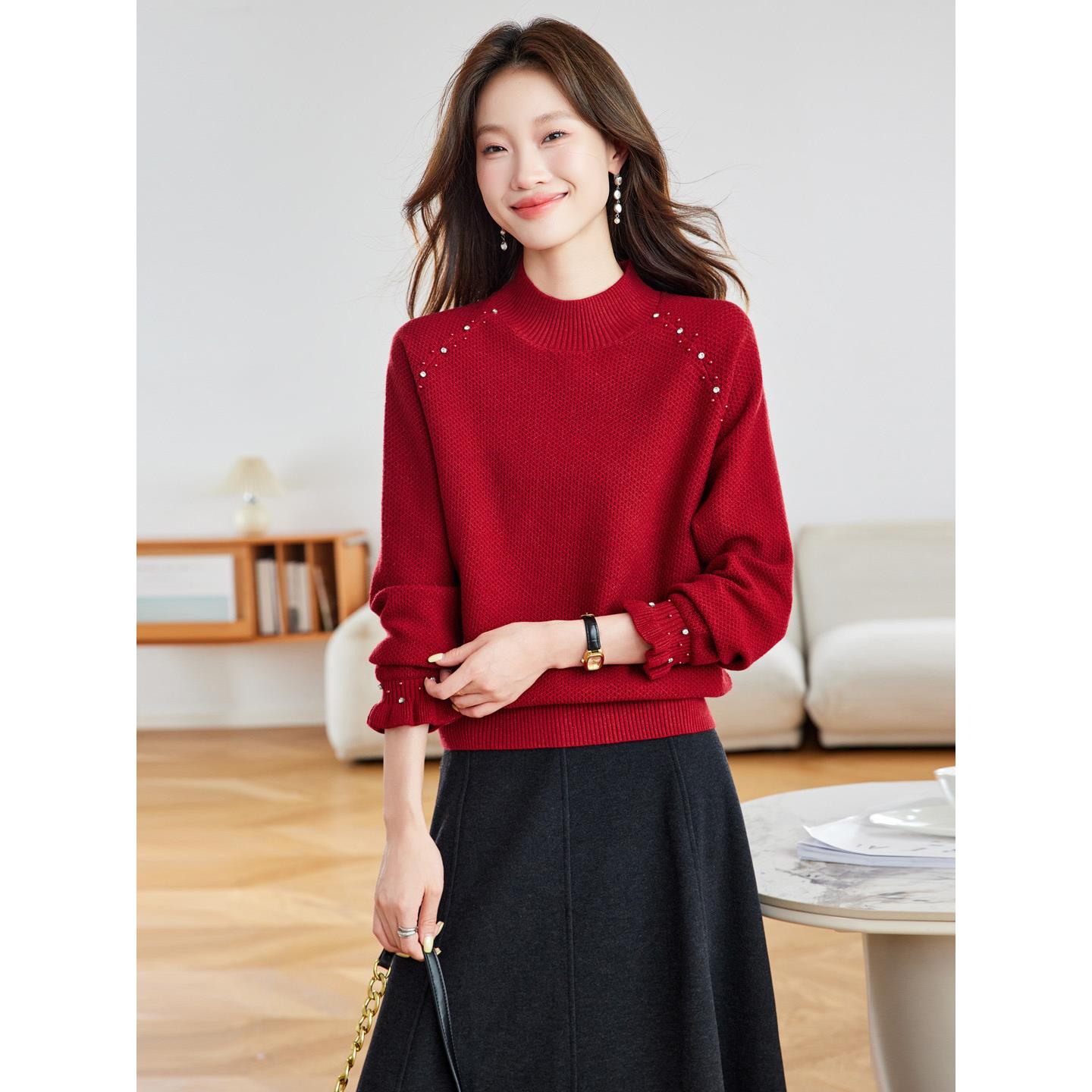 红色羊毛衫钉珠毛衣女套头短款针织打底衫圆领内搭上衣秋冬妈妈装