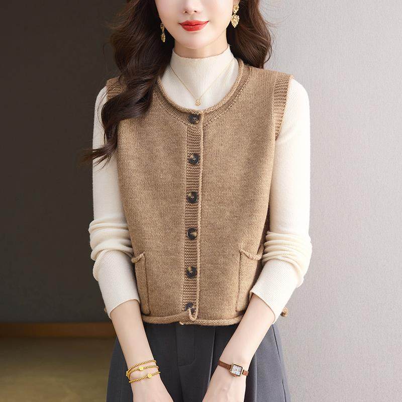 圆领羊毛衫无袖马甲背心外套女开衫超短款高腰小个子宽松2025新款