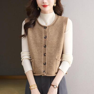 圆领羊毛衫无袖马甲背心外套女开衫超短款高腰小个子宽松2025新款