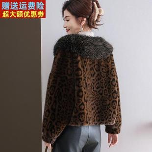 水貂绒皮草大衣外套女开衫短款豹纹小披肩毛领羊毛衫宽松大码秋冬