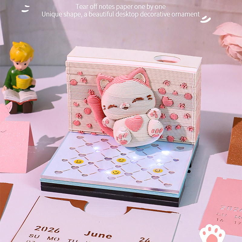 3D立体手撕纸雕便签纸蹦跳猫带灯