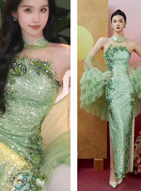 【烟雨】明星同款2025新款中式绿色名媛礼服晚宴高档裙敬酒服生日