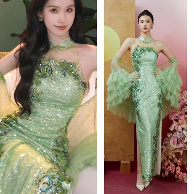中式绿色名媛礼服晚宴高档裙