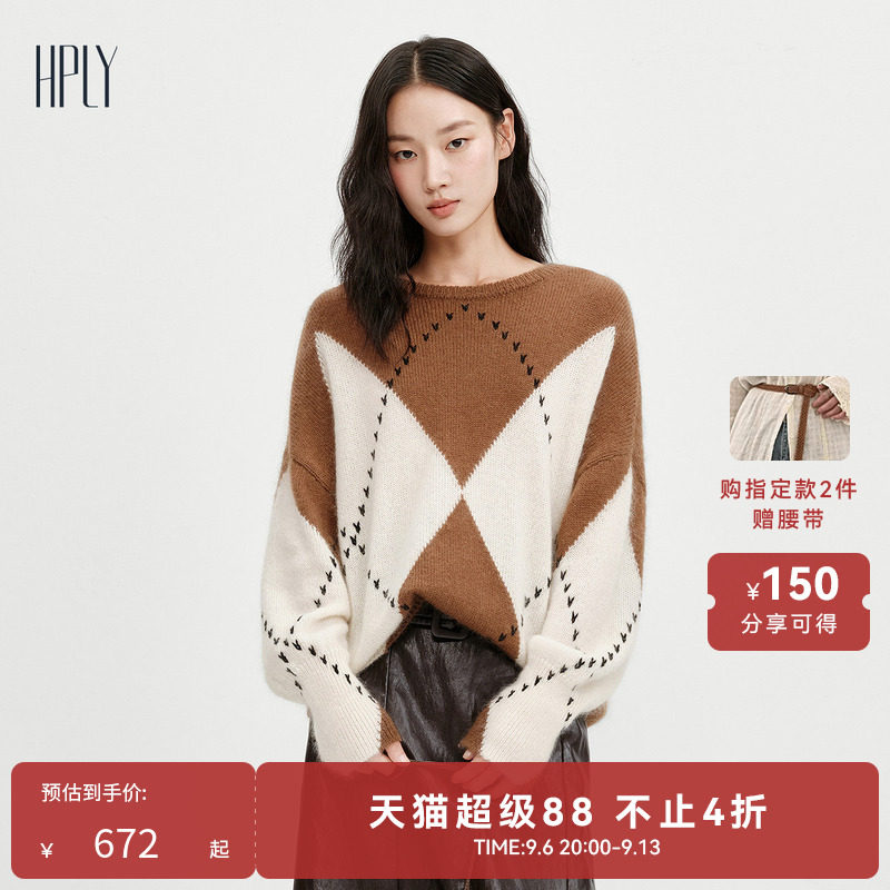 【时髦松弛】HPLY荷比俪冬新款圆领落肩马海毛绵羊毛混纺毛衣图片