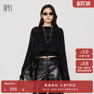 新款 针织衫 女款 几何镂空短款 黑色纯棉圆领长袖 HPLY荷比俪2025秋季